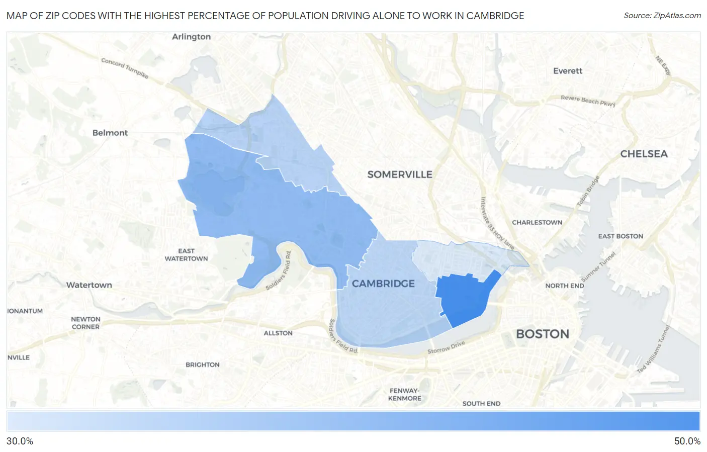 Zip Codes with the Highest Percentage of Population Driving Alone to Work in Cambridge Map