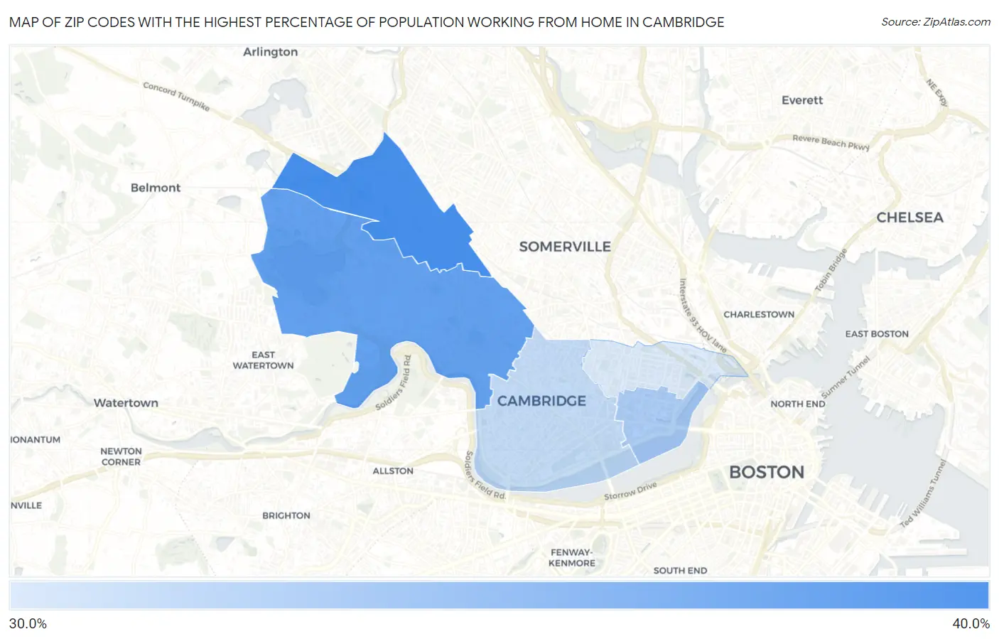 Zip Codes with the Highest Percentage of Population Working from Home in Cambridge Map