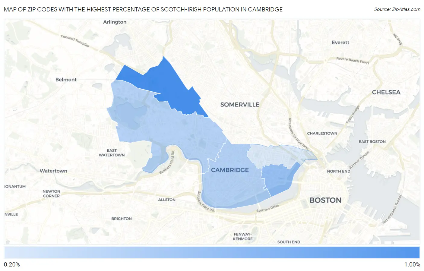 Zip Codes with the Highest Percentage of Scotch-Irish Population in Cambridge Map