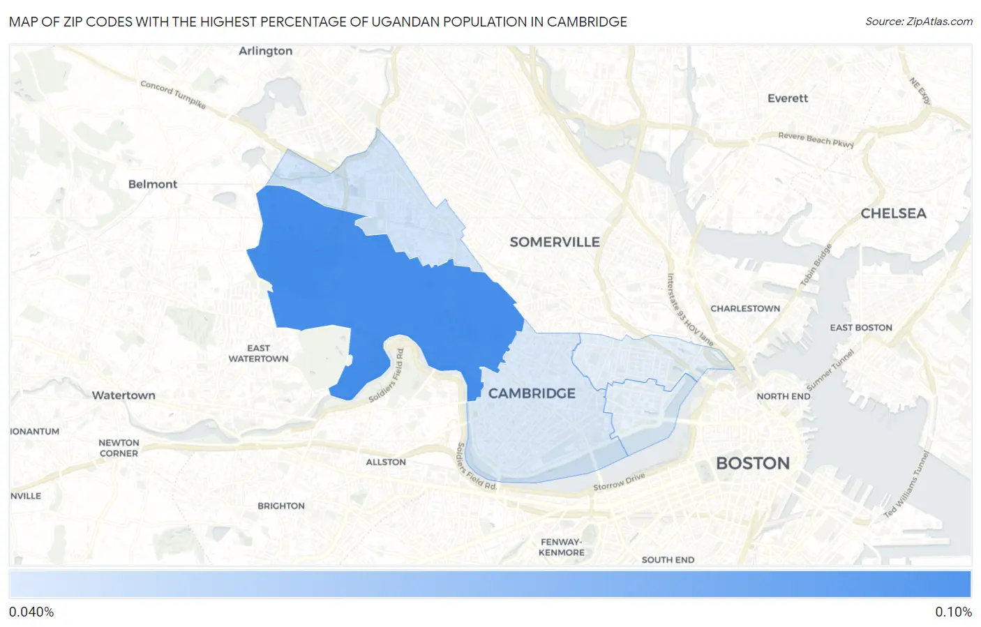Zip Codes with the Highest Percentage of Ugandan Population in Cambridge Map