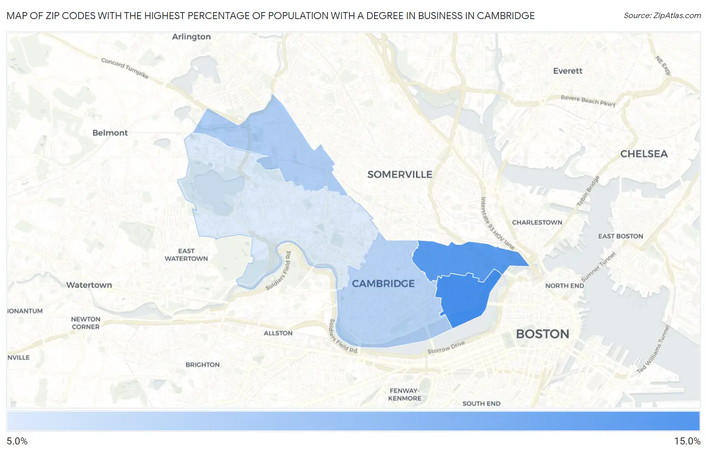 Zip Codes with the Highest Percentage of Population with a Degree in Business in Cambridge Map