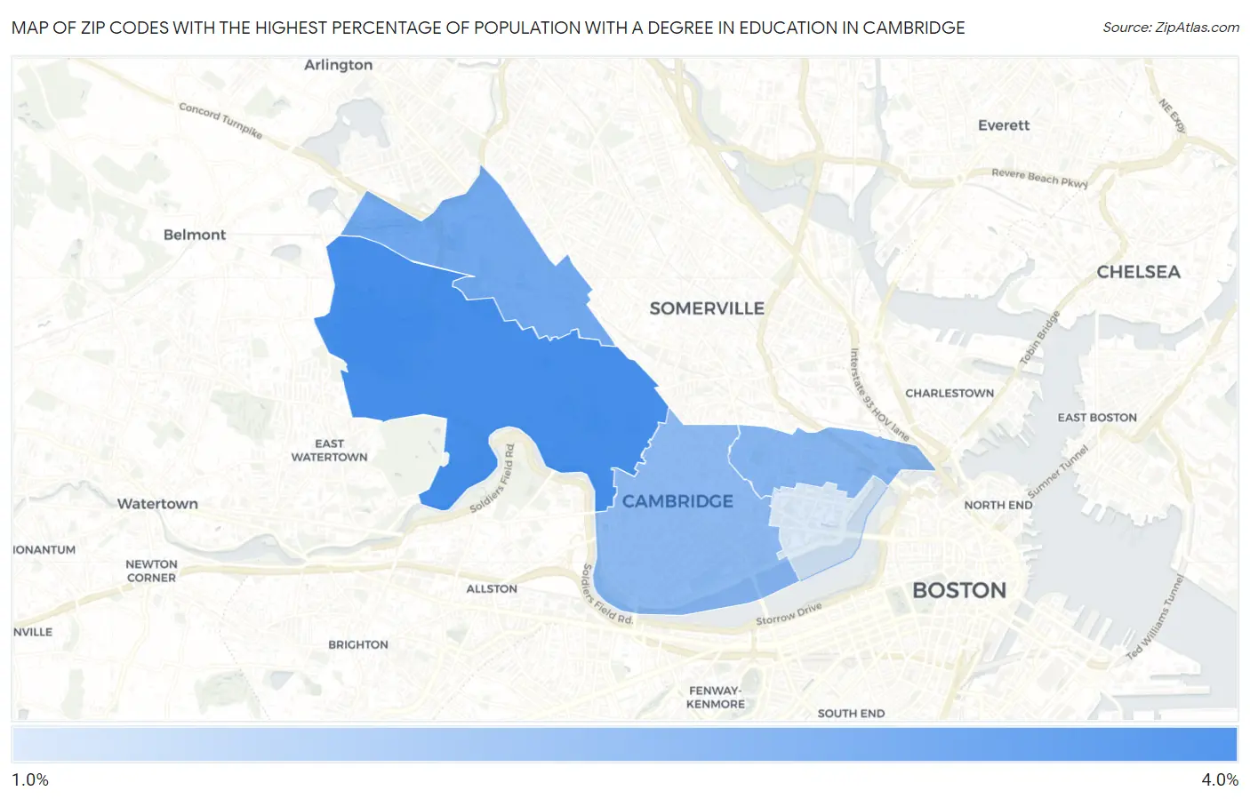 Zip Codes with the Highest Percentage of Population with a Degree in Education in Cambridge Map