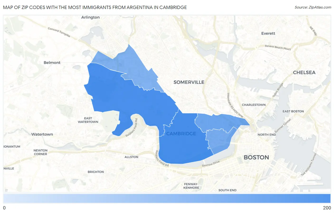 Zip Codes with the Most Immigrants from Argentina in Cambridge Map