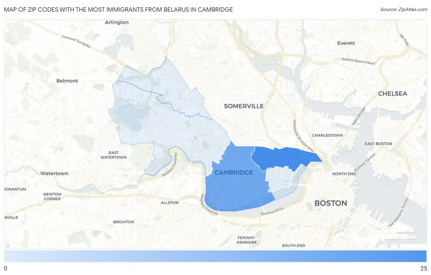 Zip Codes with the Most Immigrants from Belarus in Cambridge Map