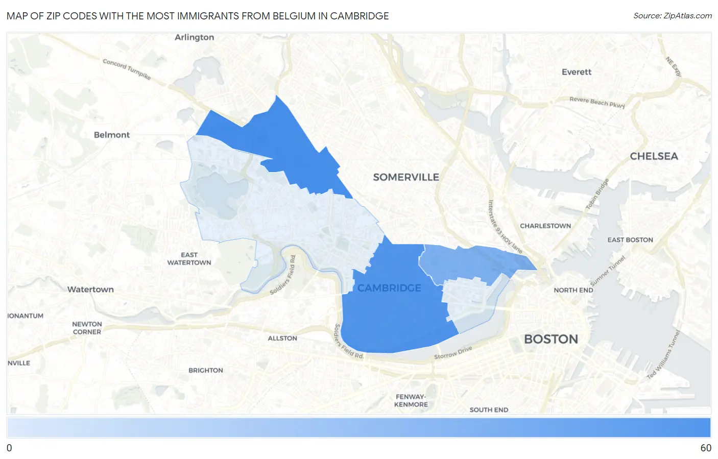 Zip Codes with the Most Immigrants from Belgium in Cambridge Map