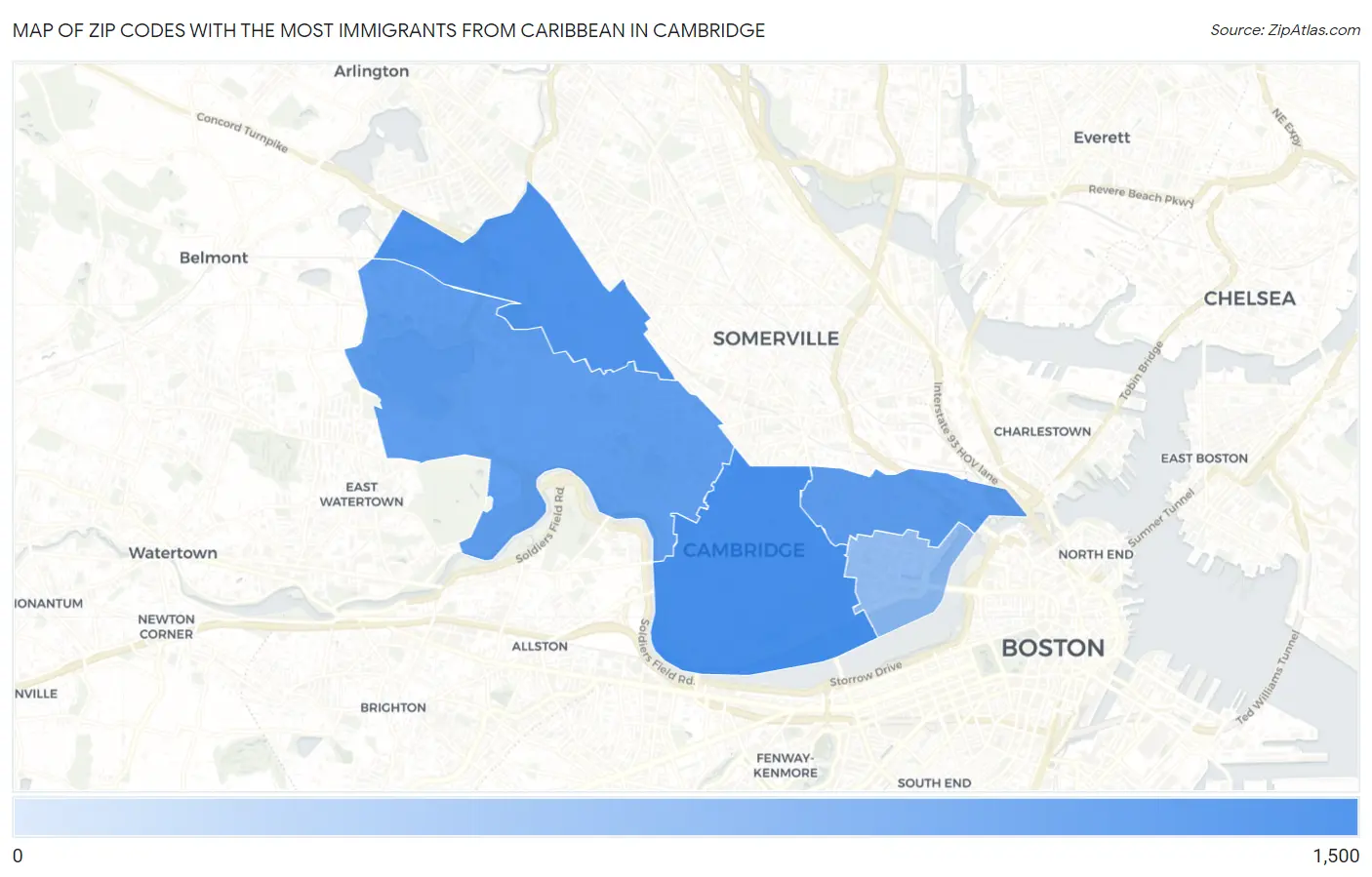 Zip Codes with the Most Immigrants from Caribbean in Cambridge Map