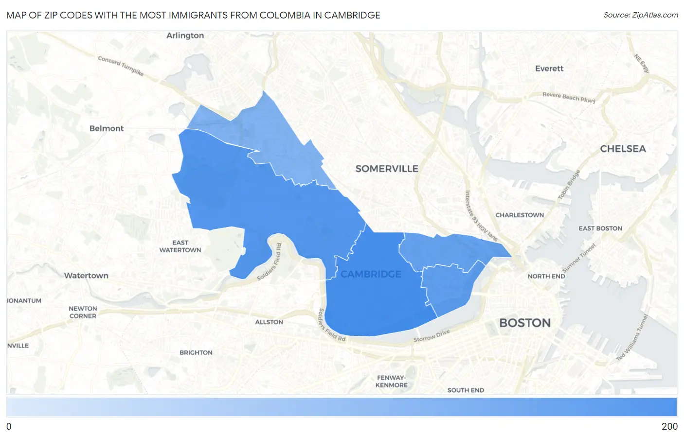 Zip Codes with the Most Immigrants from Colombia in Cambridge Map