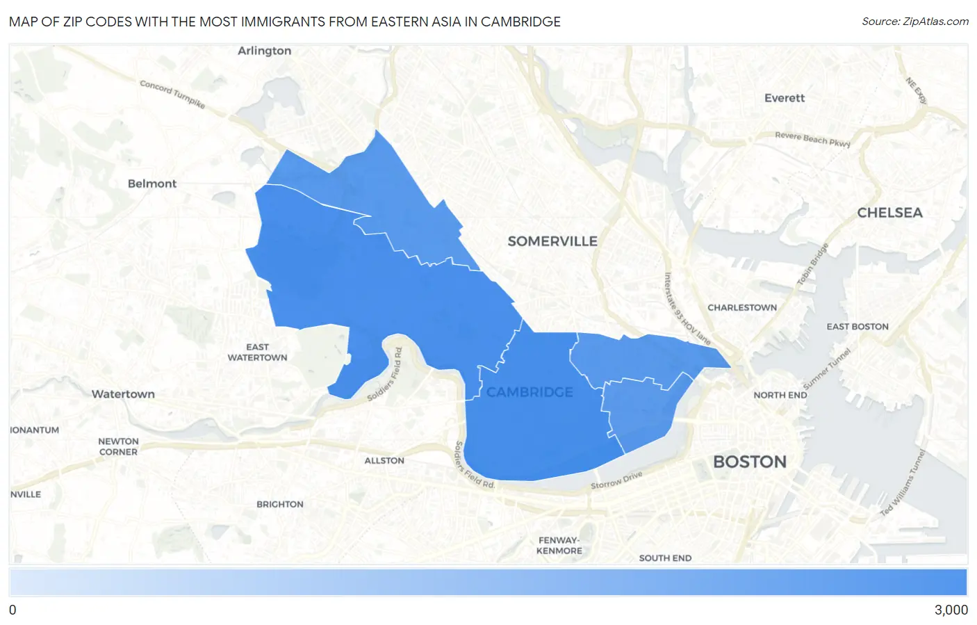 Zip Codes with the Most Immigrants from Eastern Asia in Cambridge Map