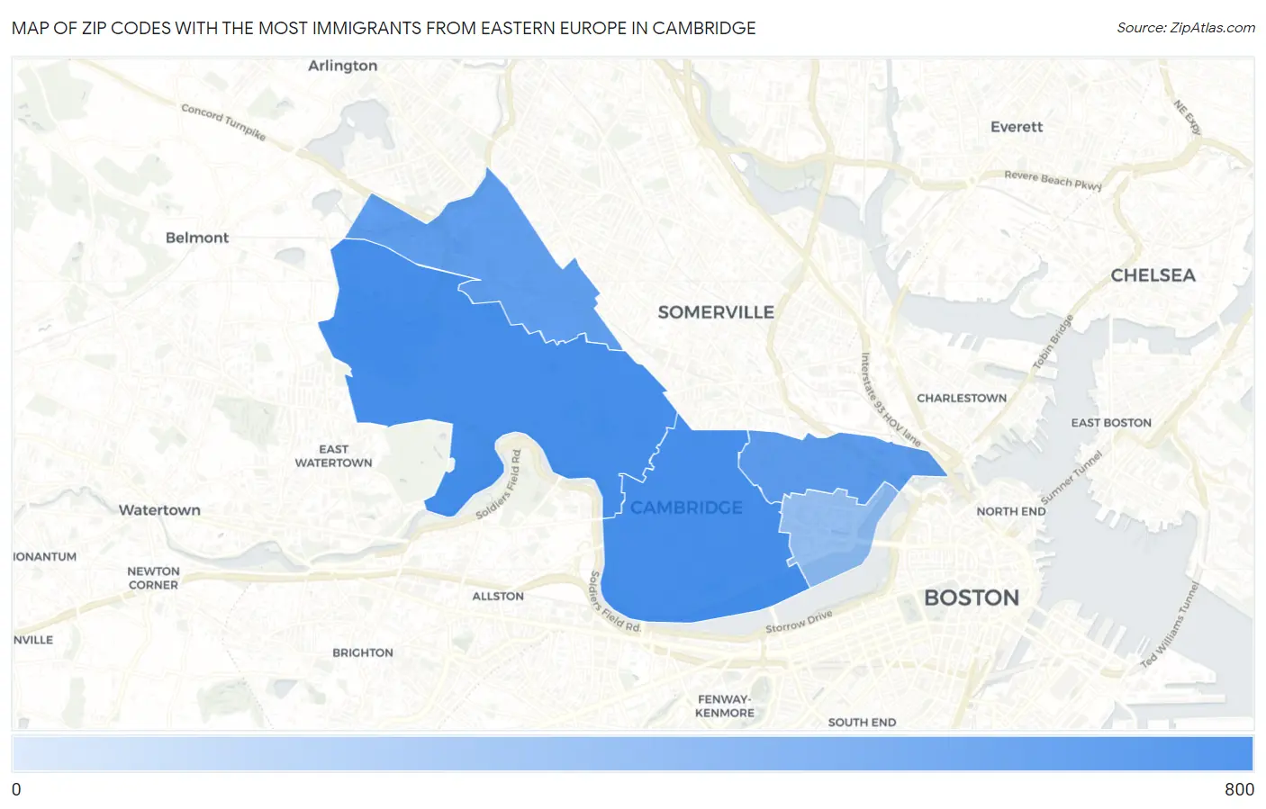 Zip Codes with the Most Immigrants from Eastern Europe in Cambridge Map