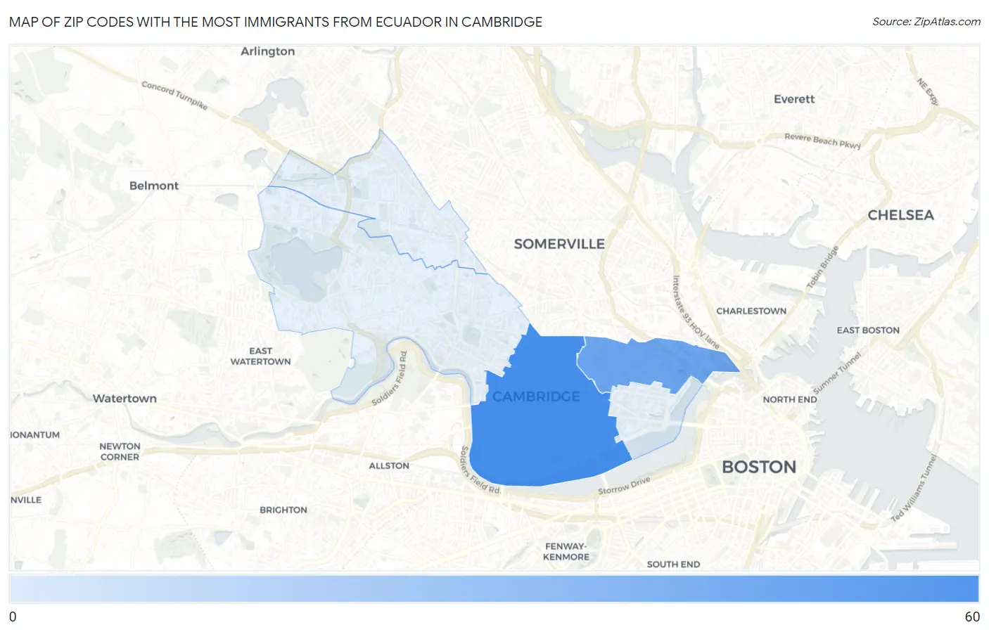 Zip Codes with the Most Immigrants from Ecuador in Cambridge Map