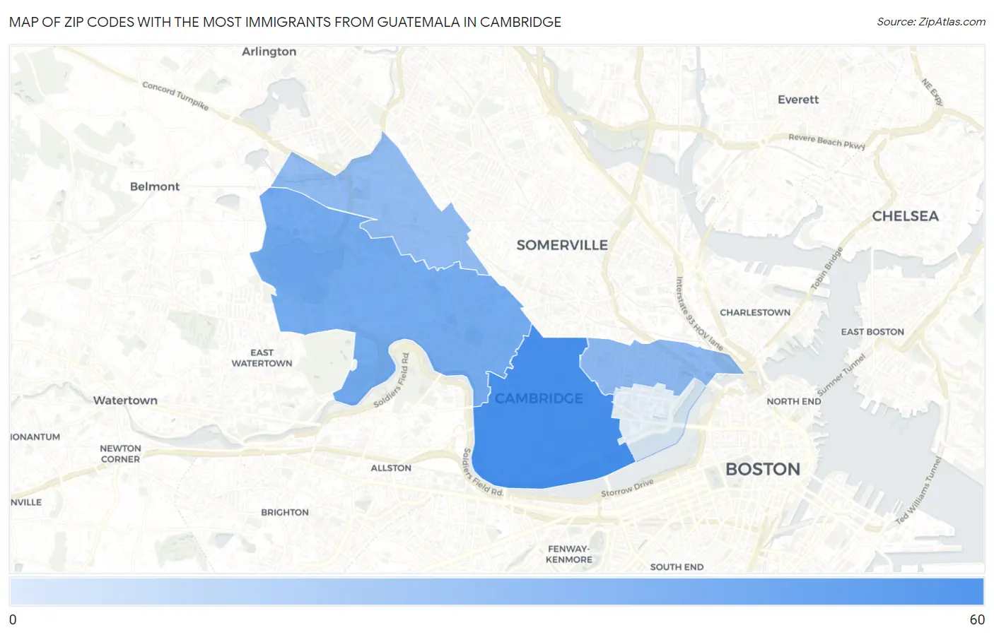 Zip Codes with the Most Immigrants from Guatemala in Cambridge Map