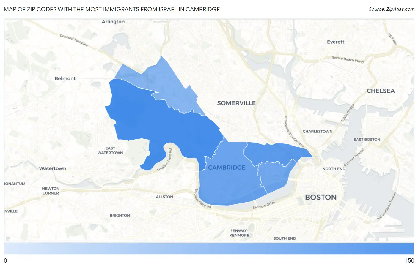 Zip Codes with the Most Immigrants from Israel in Cambridge Map