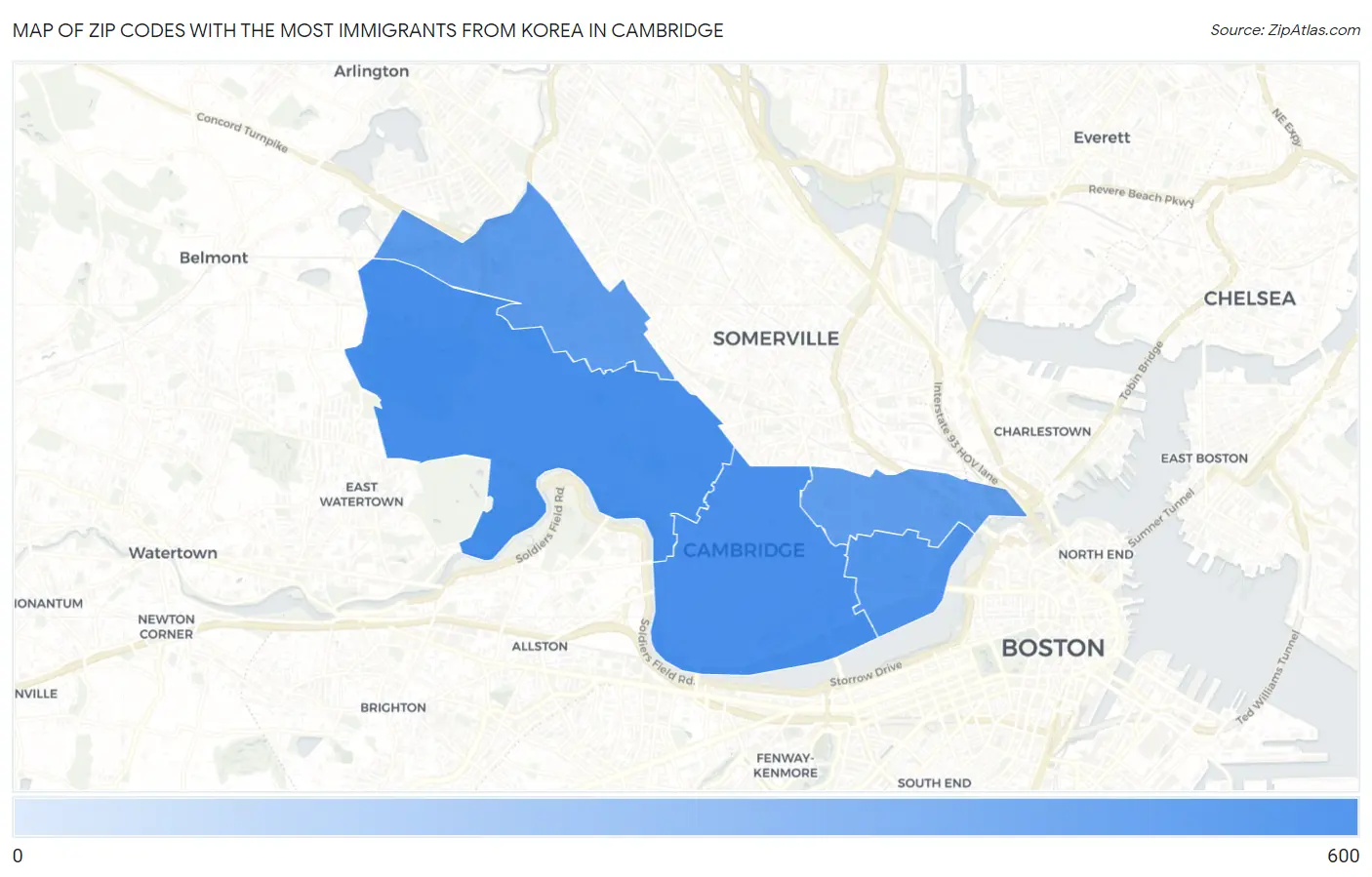 Zip Codes with the Most Immigrants from Korea in Cambridge Map
