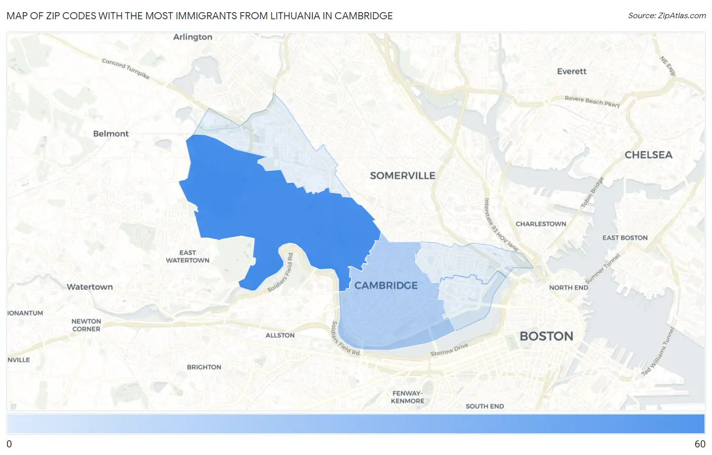 Zip Codes with the Most Immigrants from Lithuania in Cambridge Map