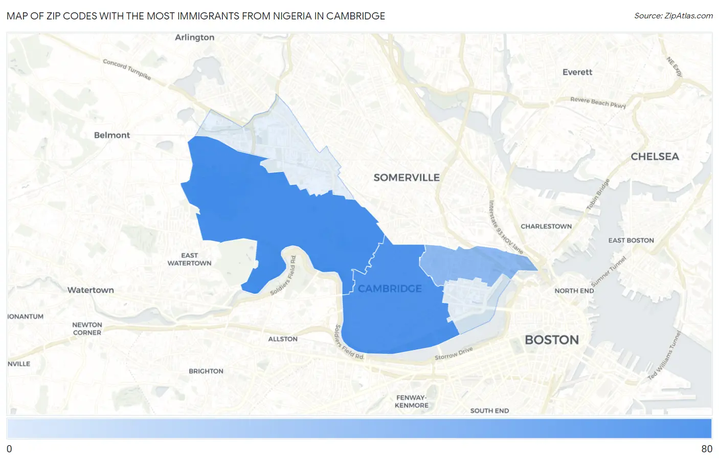 Zip Codes with the Most Immigrants from Nigeria in Cambridge Map