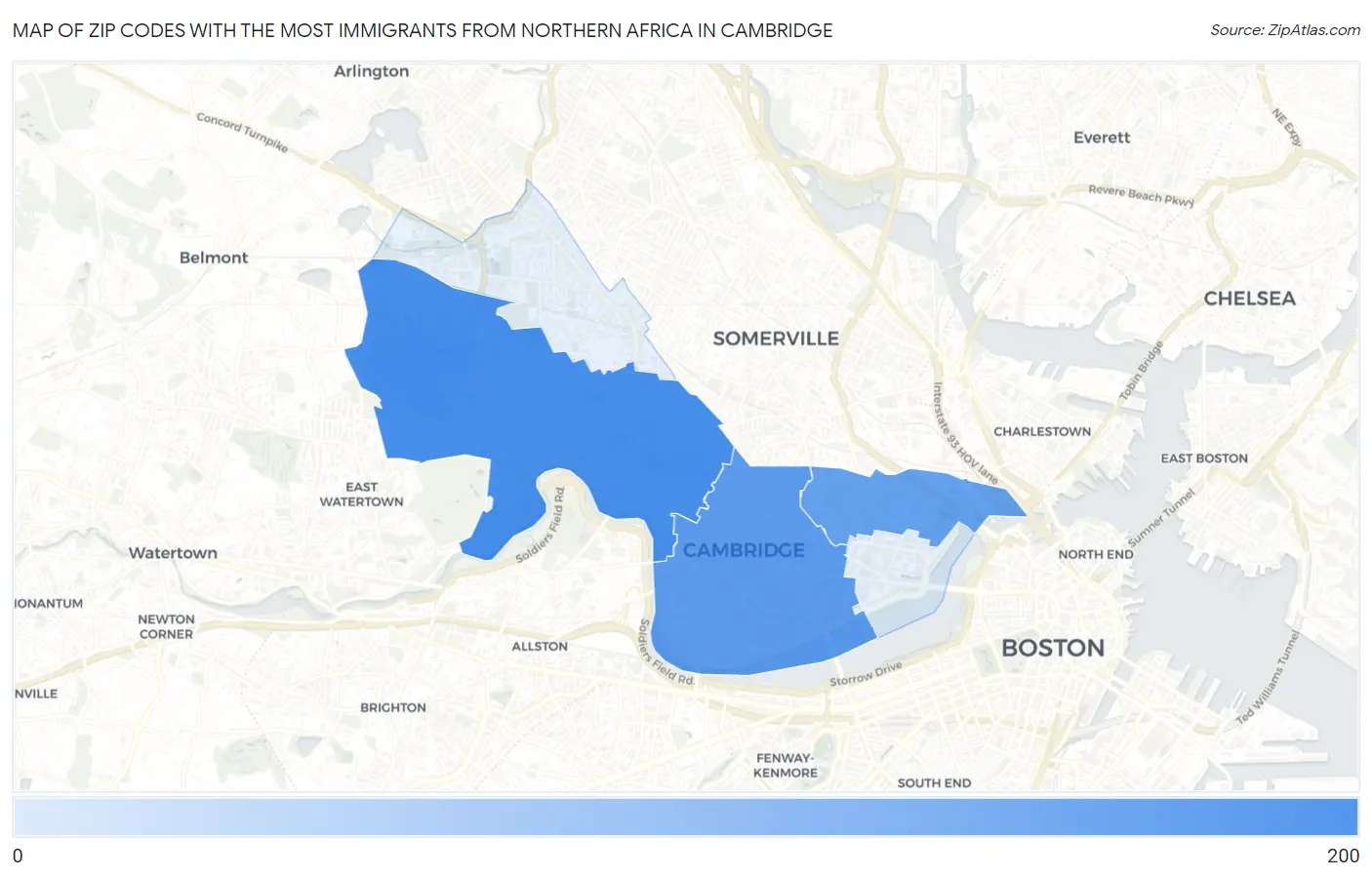Zip Codes with the Most Immigrants from Northern Africa in Cambridge Map