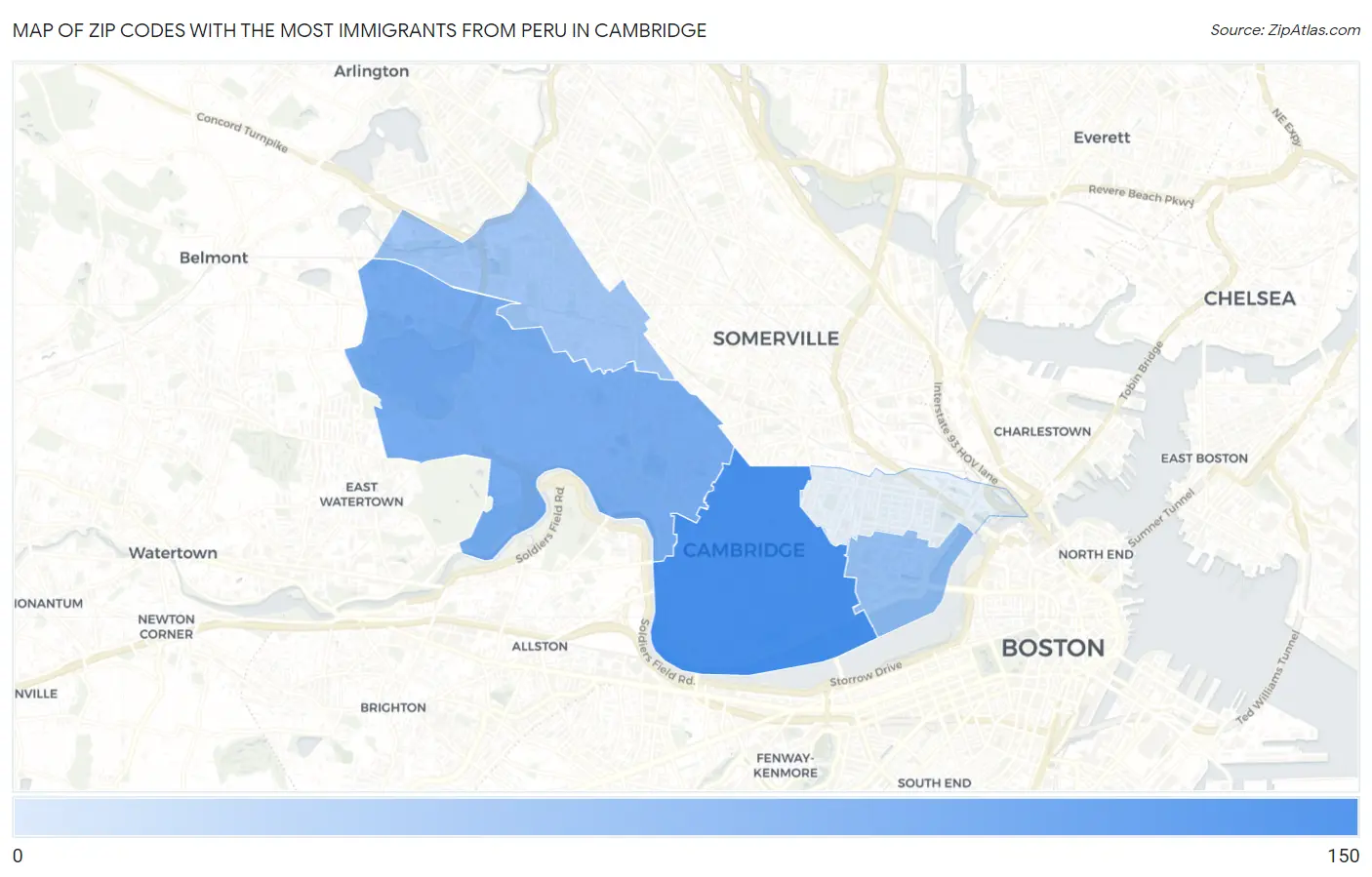 Zip Codes with the Most Immigrants from Peru in Cambridge Map