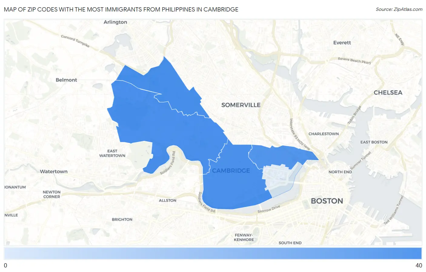 Zip Codes with the Most Immigrants from Philippines in Cambridge Map