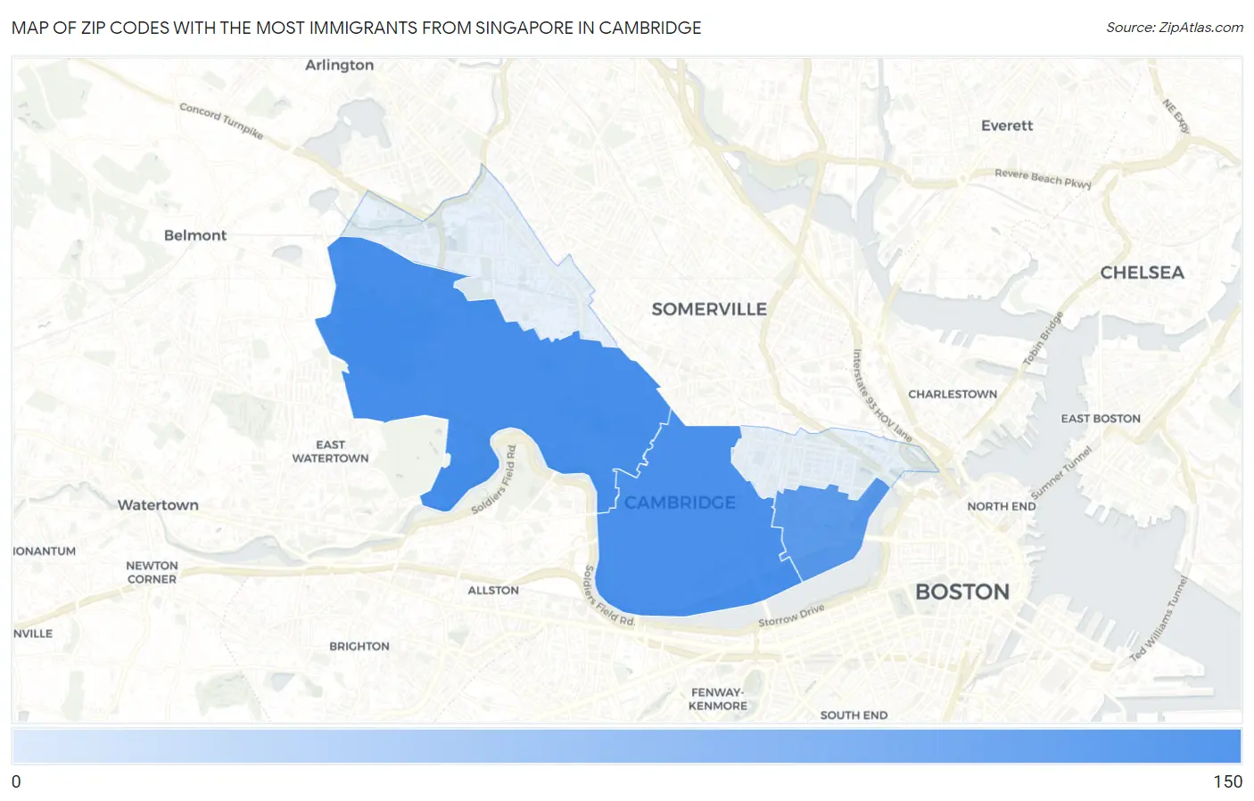 Zip Codes with the Most Immigrants from Singapore in Cambridge Map