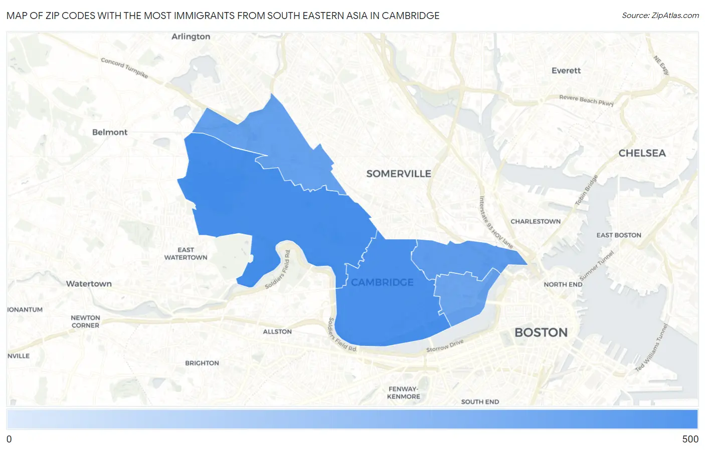 Zip Codes with the Most Immigrants from South Eastern Asia in Cambridge Map