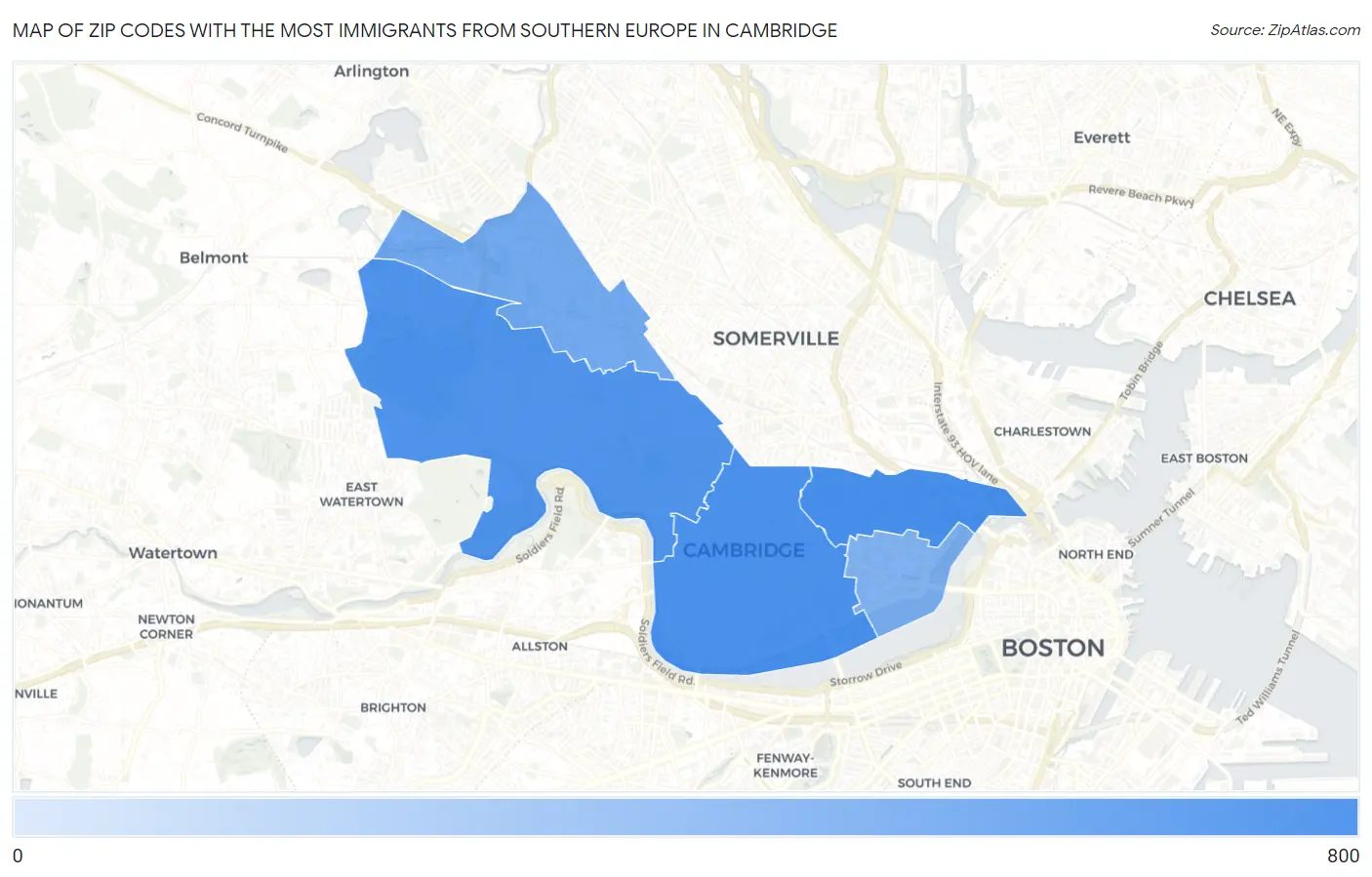 Zip Codes with the Most Immigrants from Southern Europe in Cambridge Map