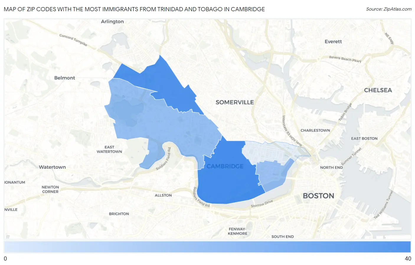 Zip Codes with the Most Immigrants from Trinidad and Tobago in Cambridge Map