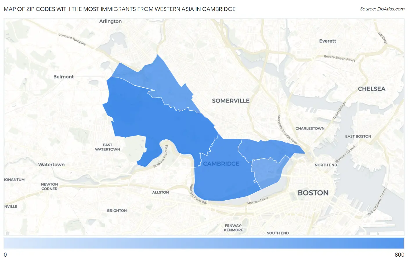 Zip Codes with the Most Immigrants from Western Asia in Cambridge Map