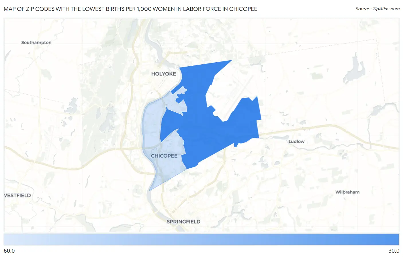Zip Codes with the Lowest Births per 1,000 Women in Labor Force in Chicopee Map