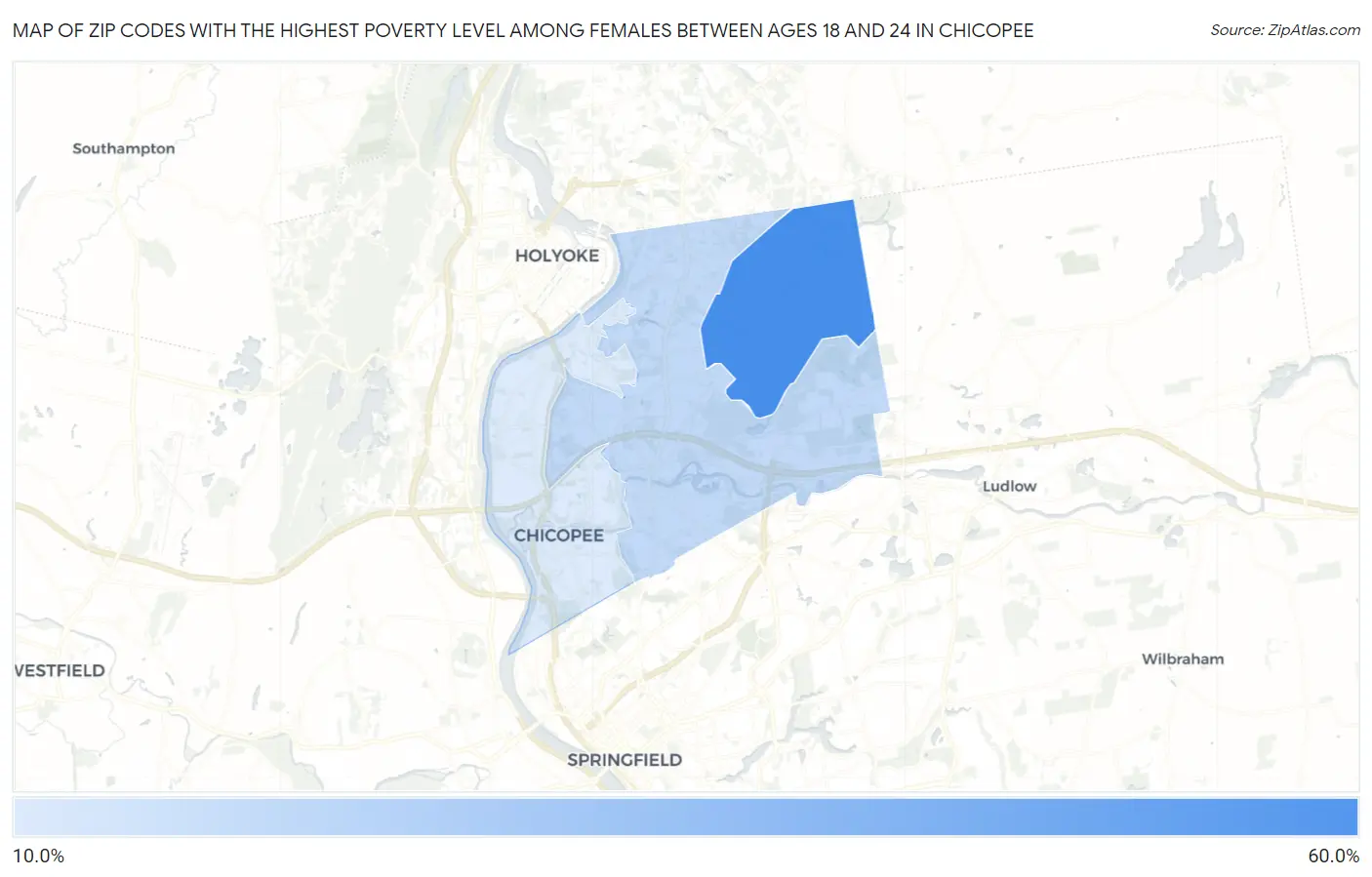 Zip Codes with the Highest Poverty Level Among Females Between Ages 18 and 24 in Chicopee Map