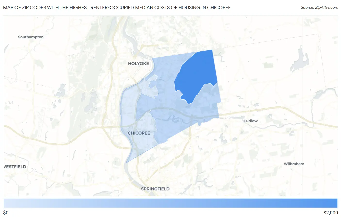Zip Codes with the Highest Renter-Occupied Median Costs of Housing in Chicopee Map