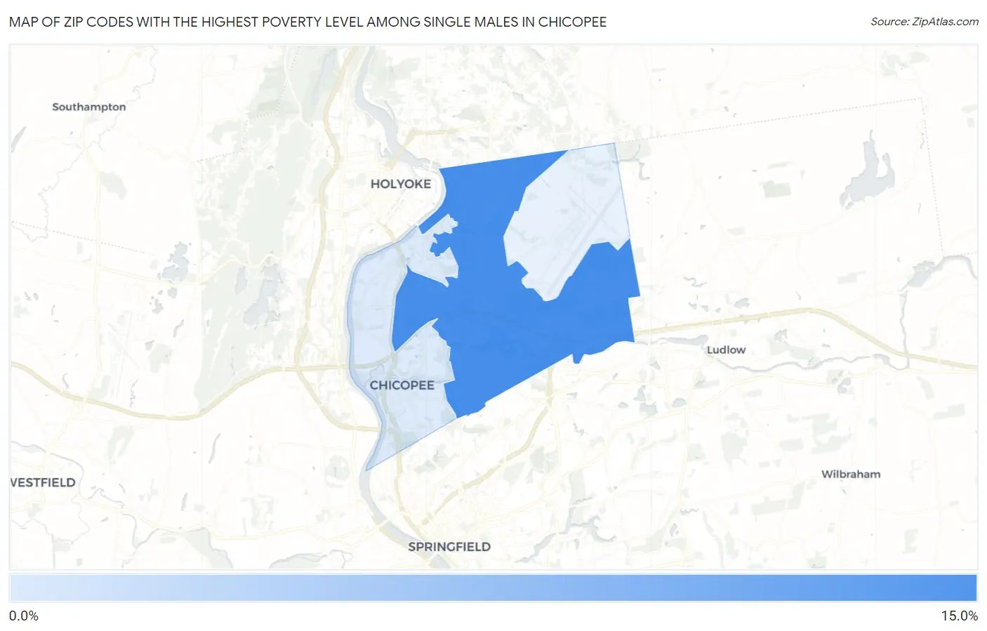 Zip Codes with the Highest Poverty Level Among Single Males in Chicopee Map