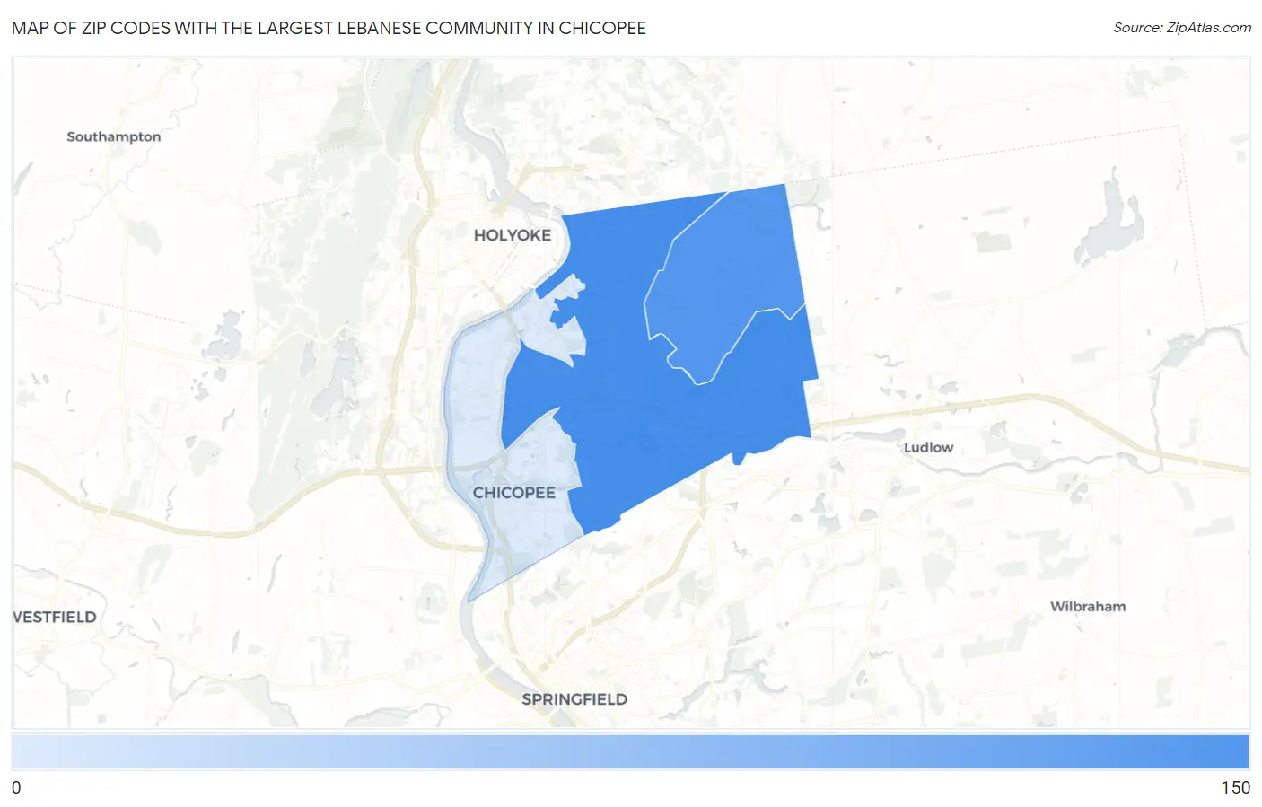 Zip Codes with the Largest Lebanese Community in Chicopee Map