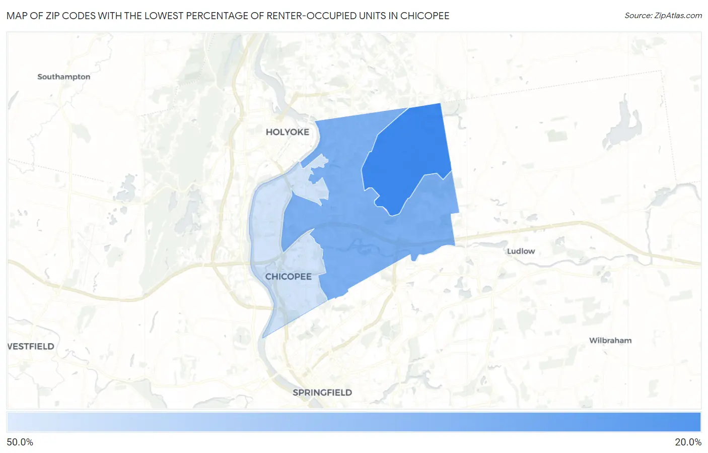 Zip Codes with the Lowest Percentage of Renter-Occupied Units in Chicopee Map