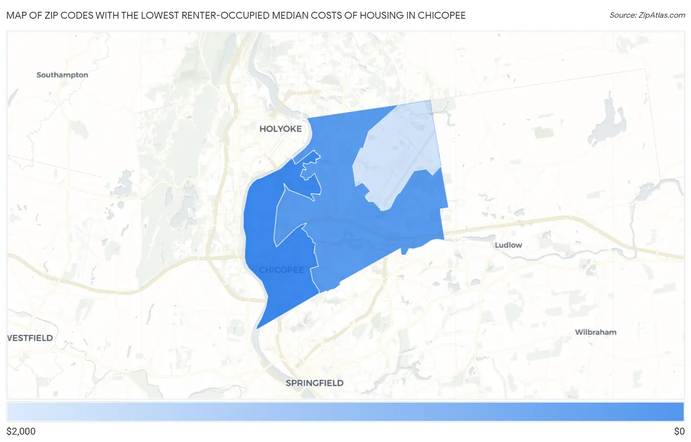 Zip Codes with the Lowest Renter-Occupied Median Costs of Housing in Chicopee Map