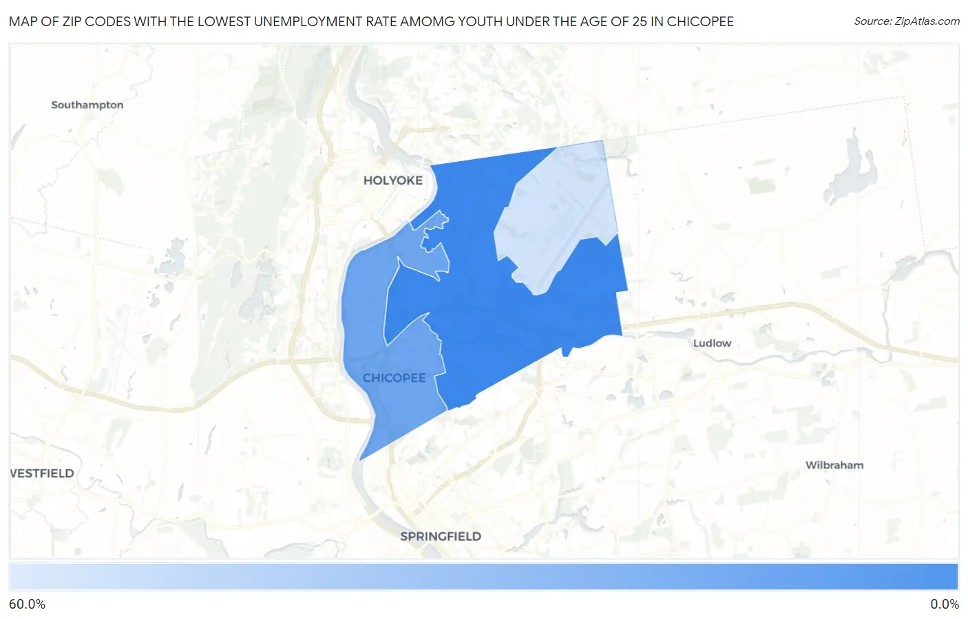 Zip Codes with the Lowest Unemployment Rate Amomg Youth Under the Age of 25 in Chicopee Map