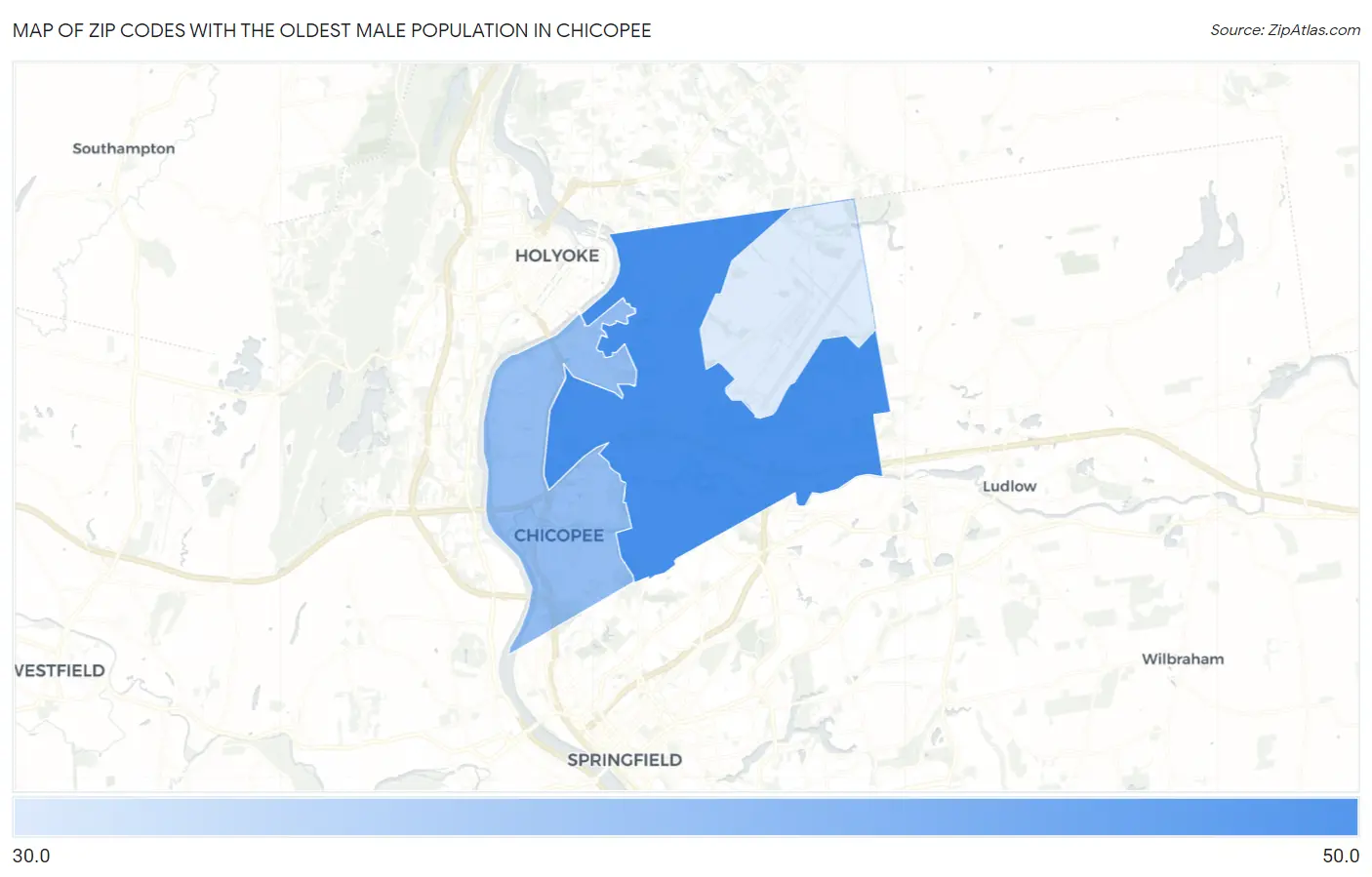 Zip Codes with the Oldest Male Population in Chicopee Map
