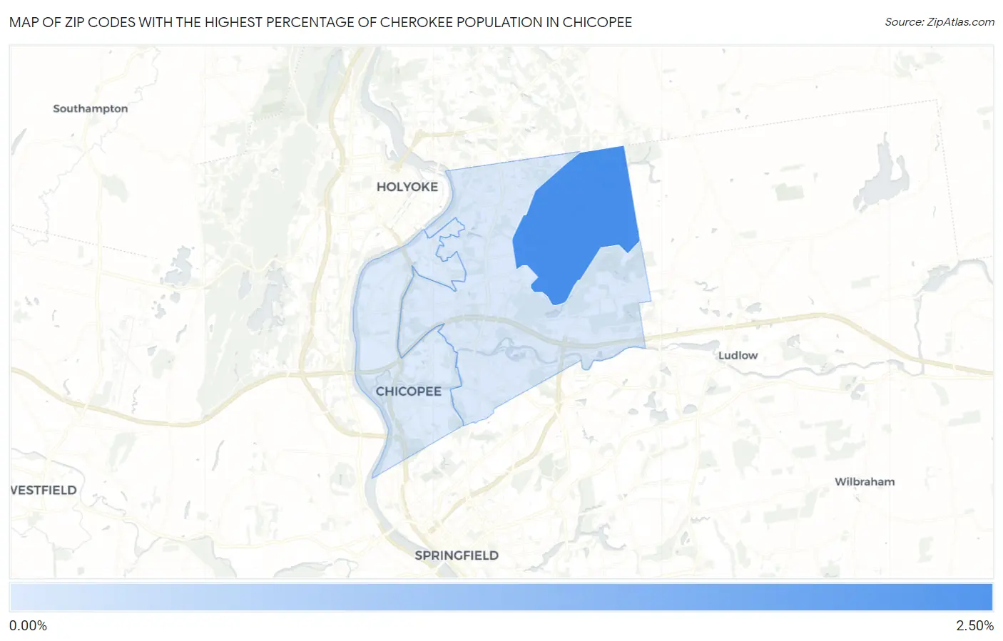 Zip Codes with the Highest Percentage of Cherokee Population in Chicopee Map