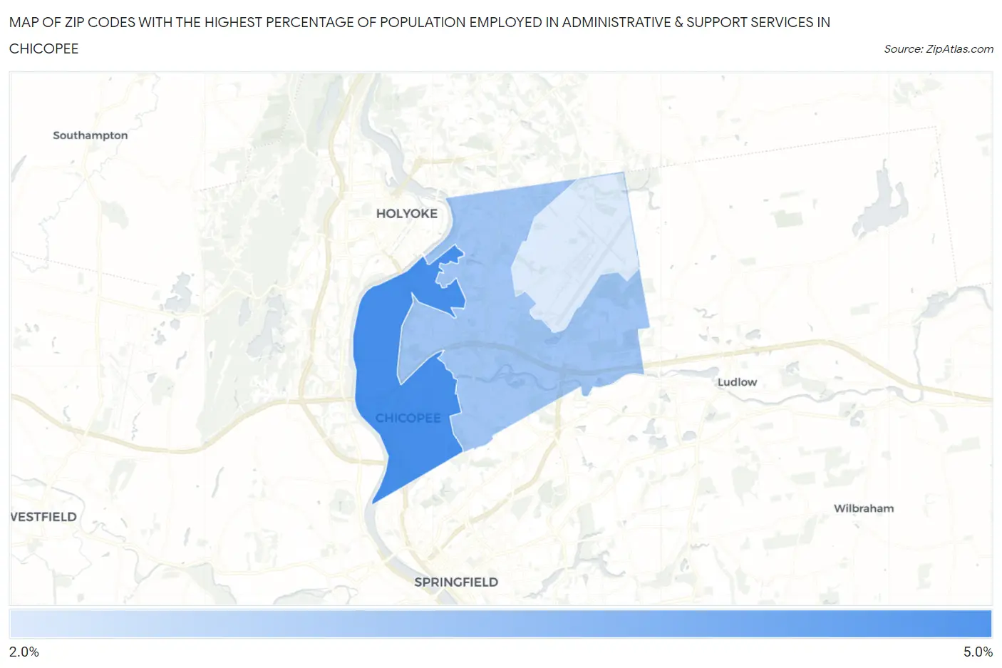 Zip Codes with the Highest Percentage of Population Employed in Administrative & Support Services in Chicopee Map