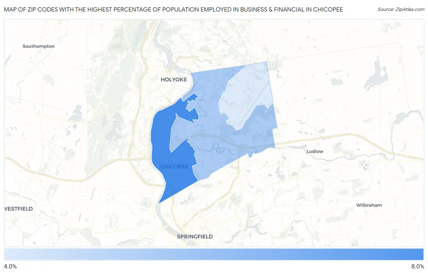 Zip Codes with the Highest Percentage of Population Employed in Business & Financial in Chicopee Map