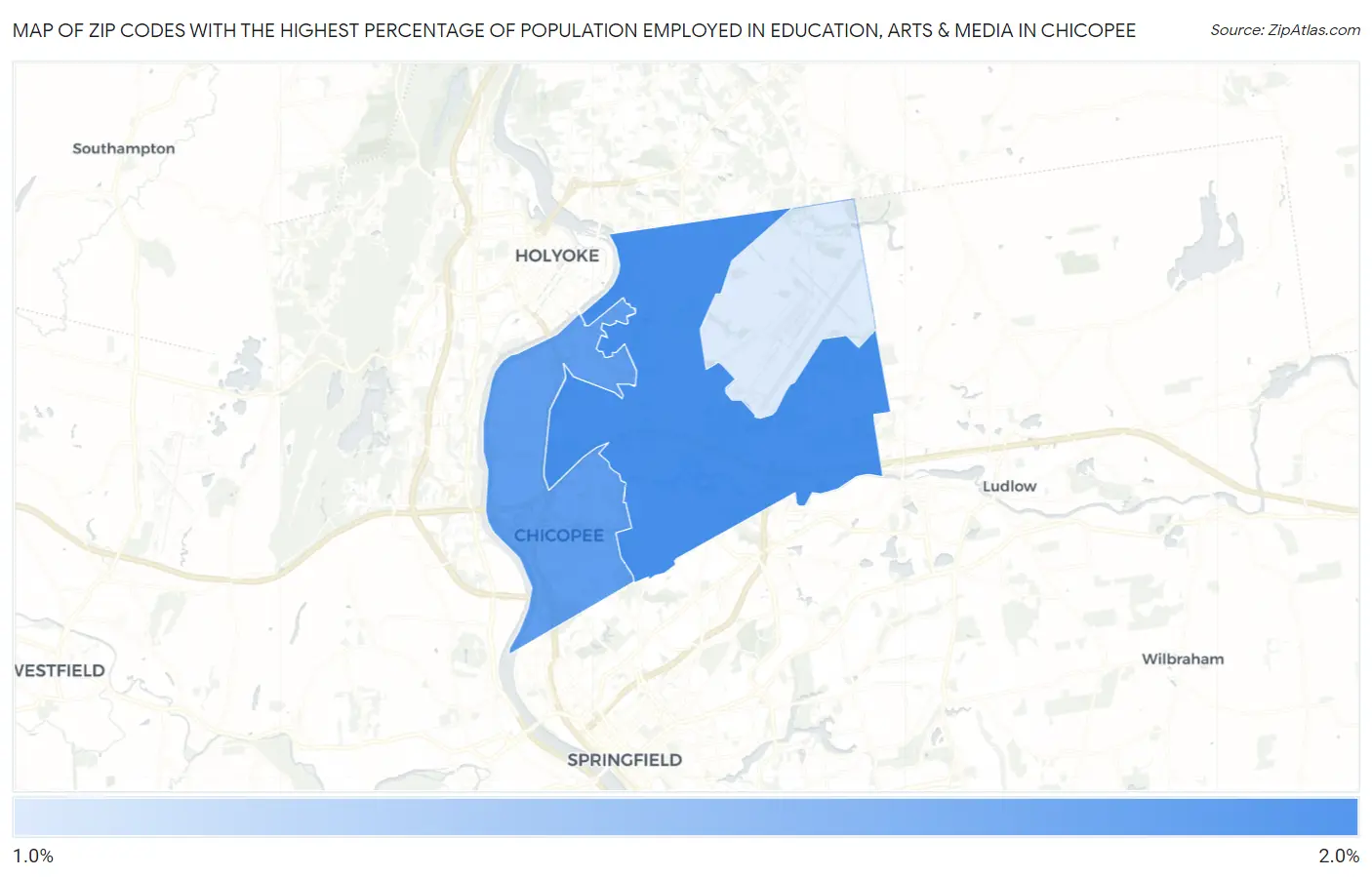 Zip Codes with the Highest Percentage of Population Employed in Education, Arts & Media in Chicopee Map
