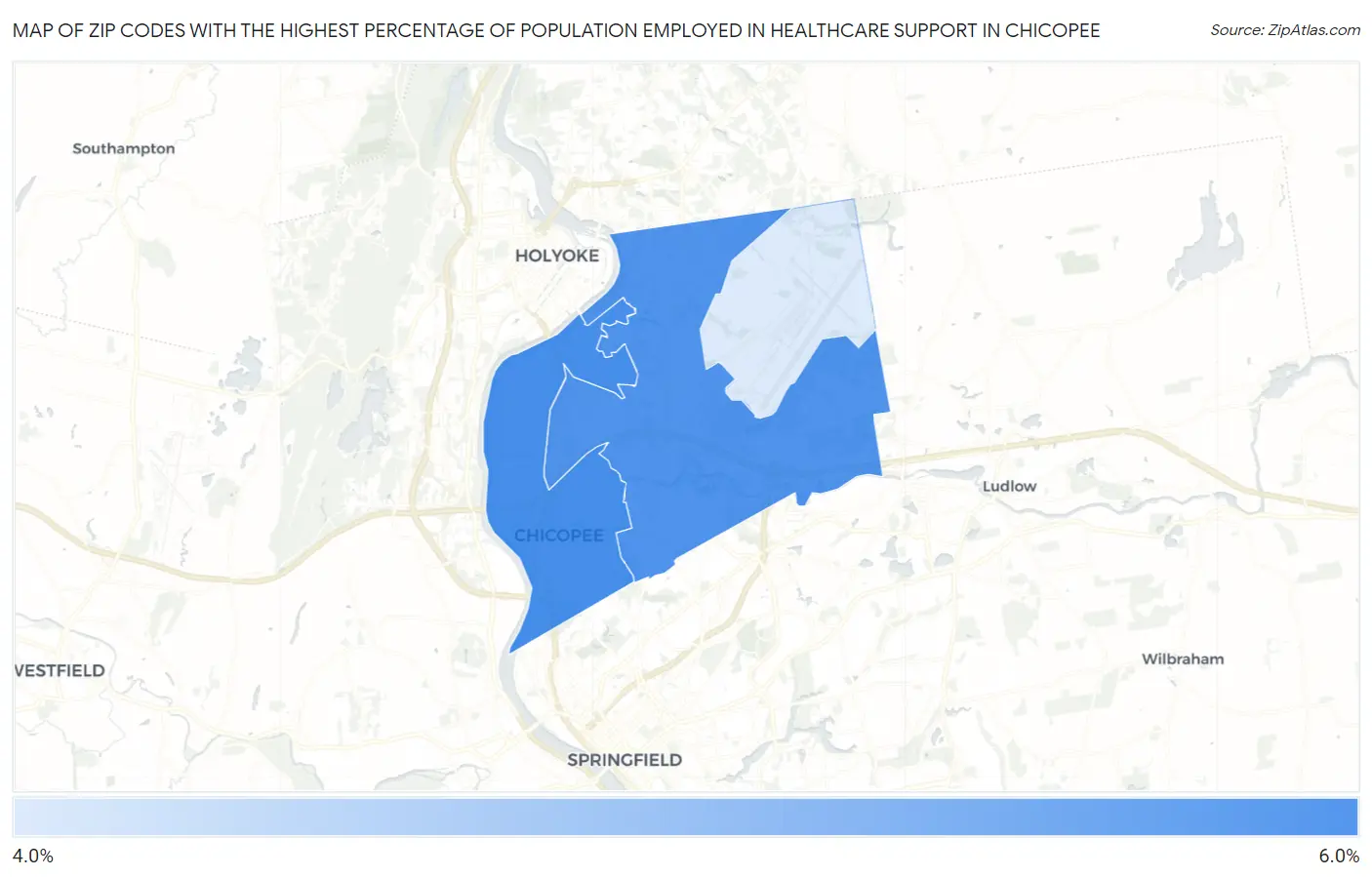 Zip Codes with the Highest Percentage of Population Employed in Healthcare Support in Chicopee Map