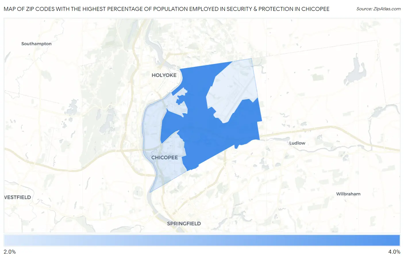 Zip Codes with the Highest Percentage of Population Employed in Security & Protection in Chicopee Map