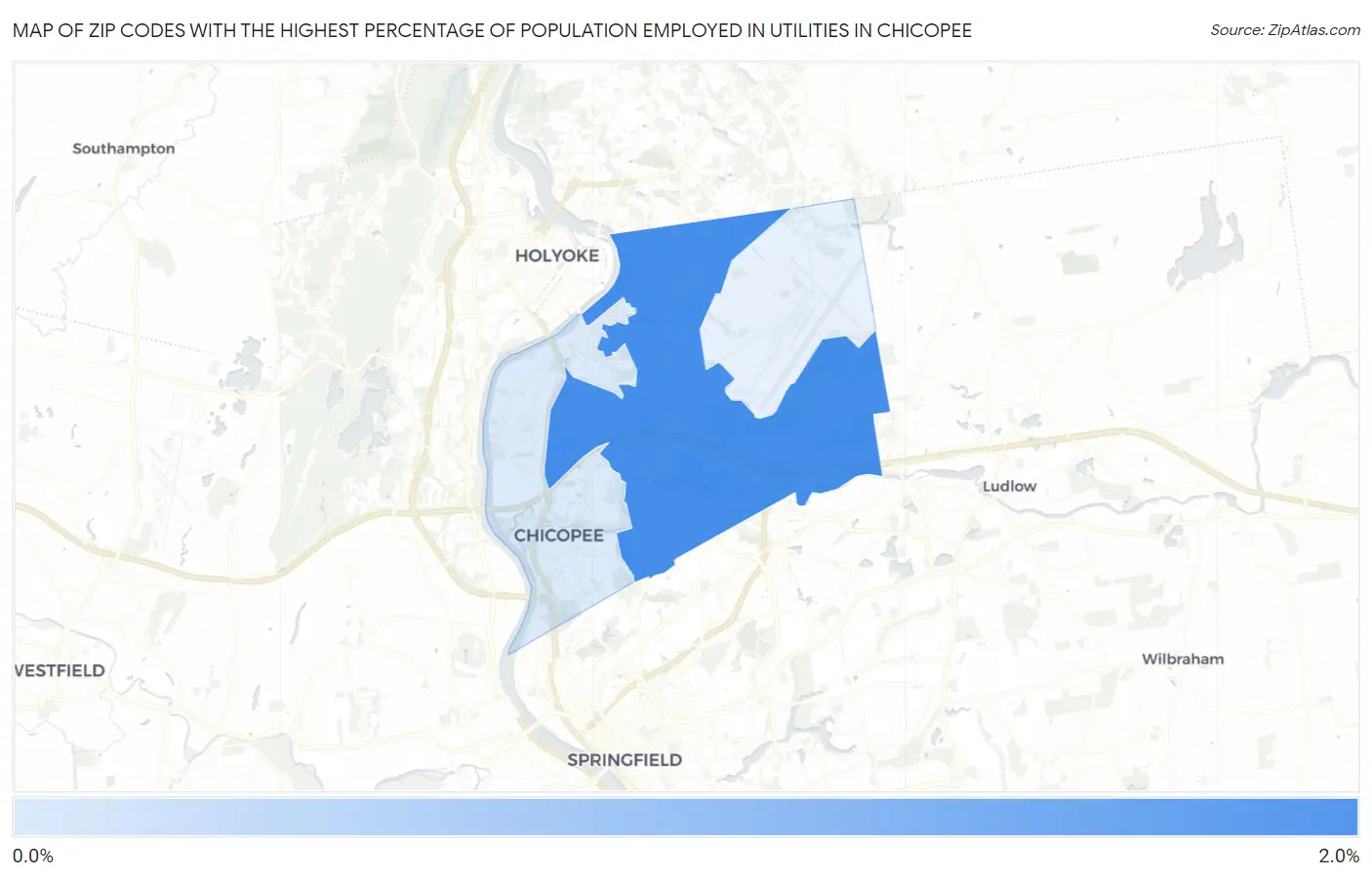 Zip Codes with the Highest Percentage of Population Employed in Utilities in Chicopee Map