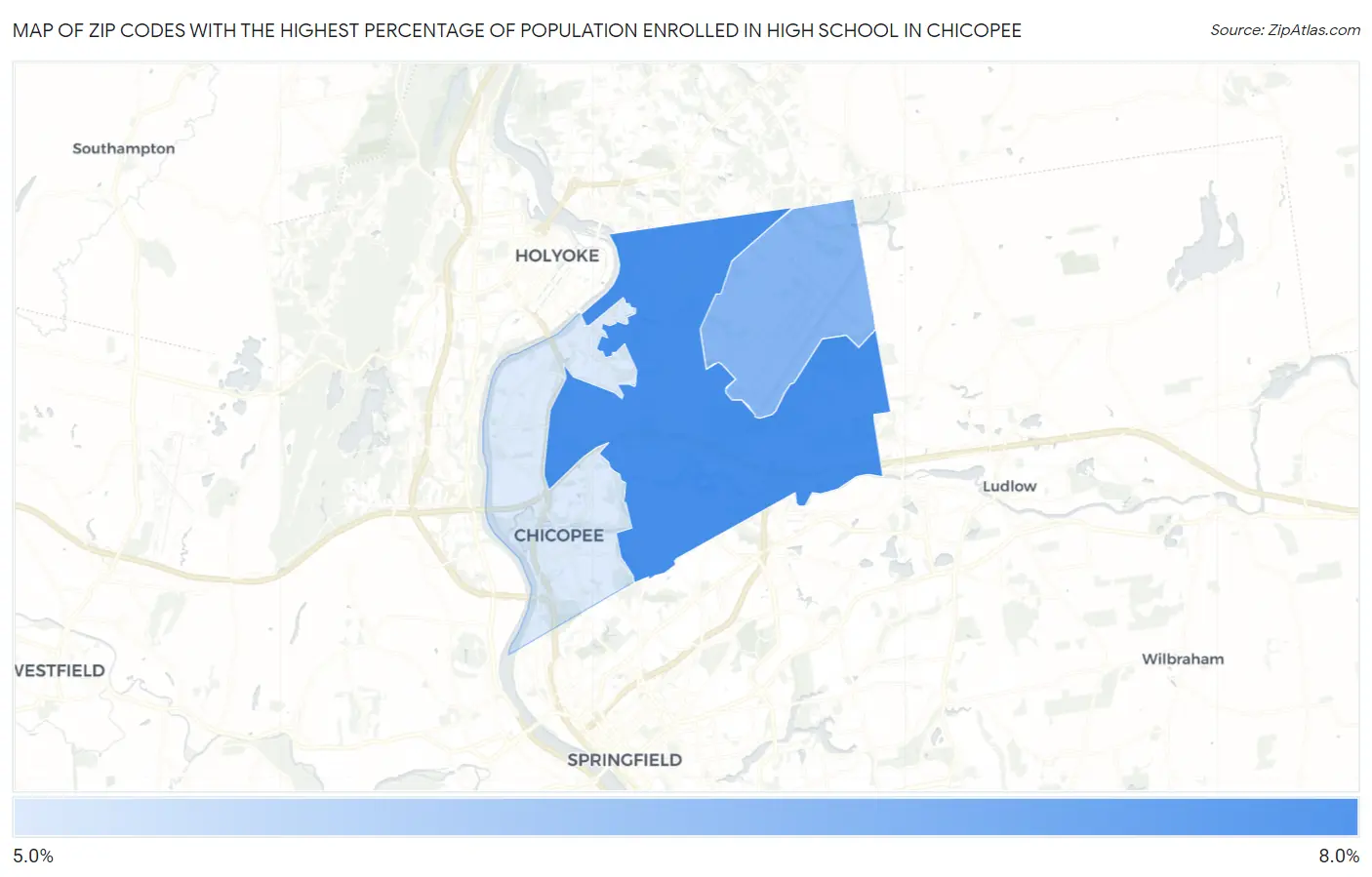 Zip Codes with the Highest Percentage of Population Enrolled in High School in Chicopee Map