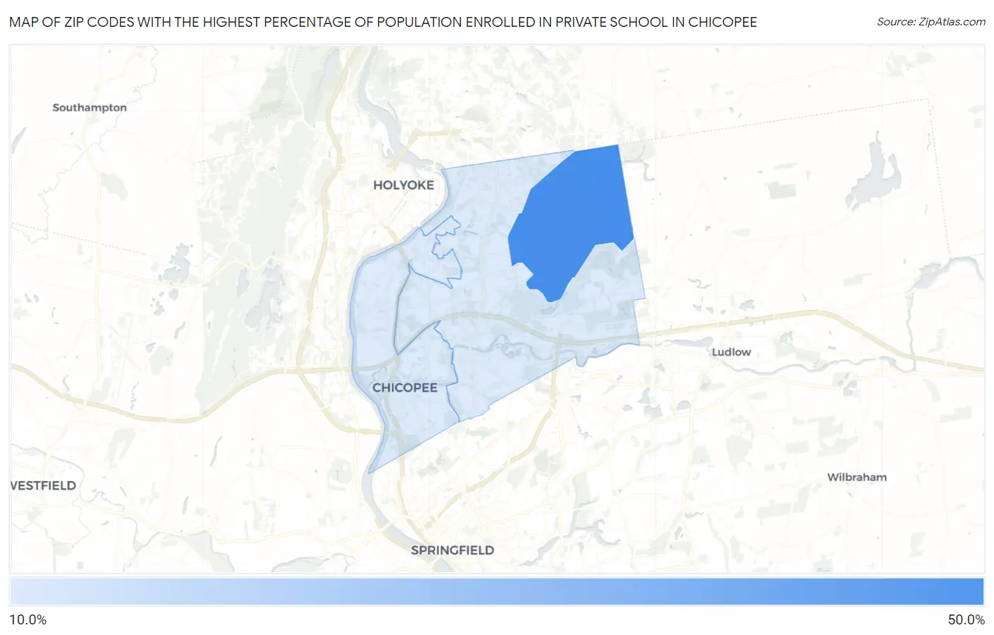 Zip Codes with the Highest Percentage of Population Enrolled in Private School in Chicopee Map