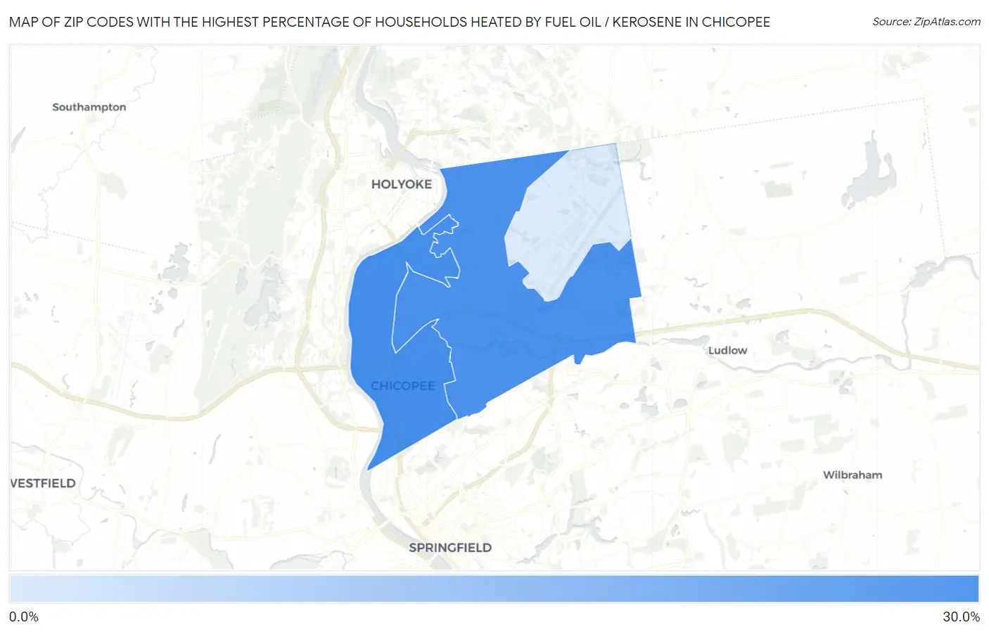 Zip Codes with the Highest Percentage of Households Heated by Fuel Oil / Kerosene in Chicopee Map