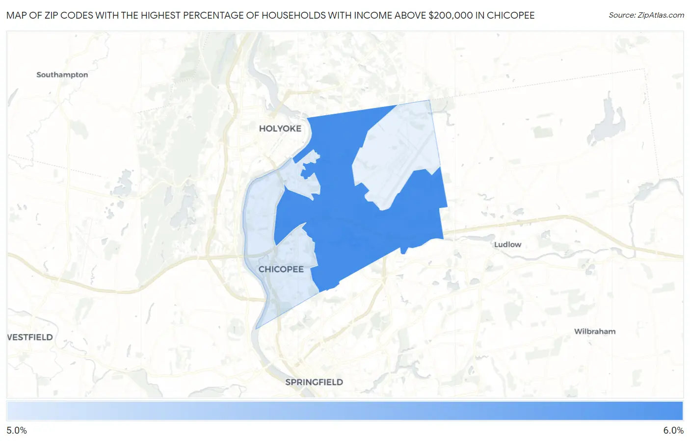Zip Codes with the Highest Percentage of Households with Income Above $200,000 in Chicopee Map