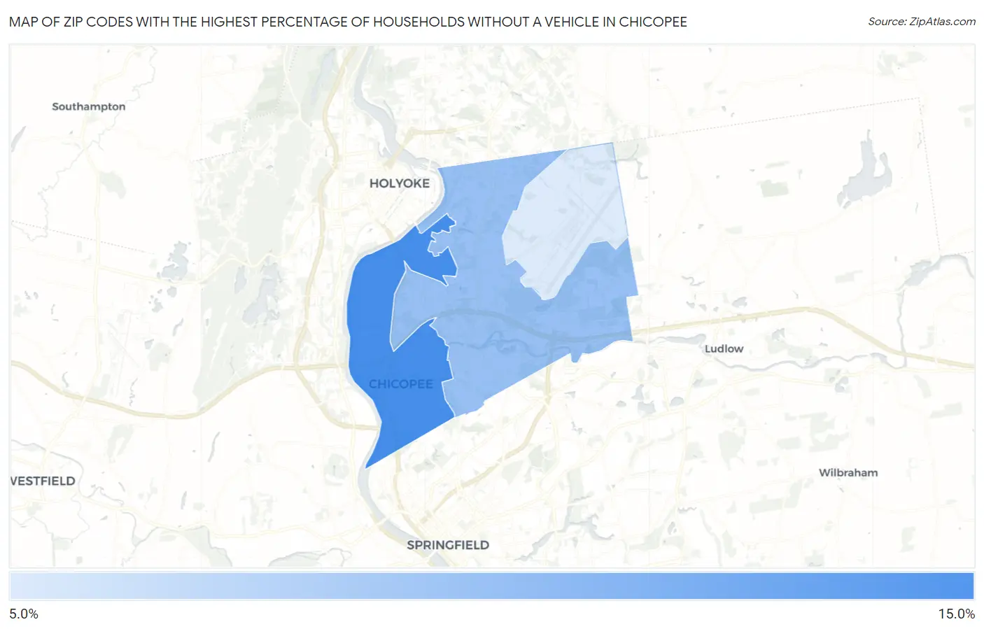 Zip Codes with the Highest Percentage of Households Without a Vehicle in Chicopee Map