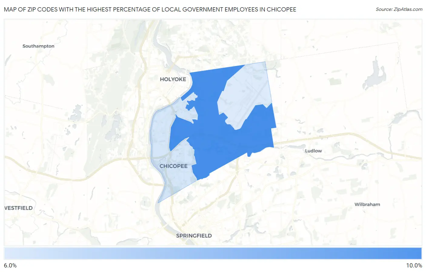 Zip Codes with the Highest Percentage of Local Government Employees in Chicopee Map