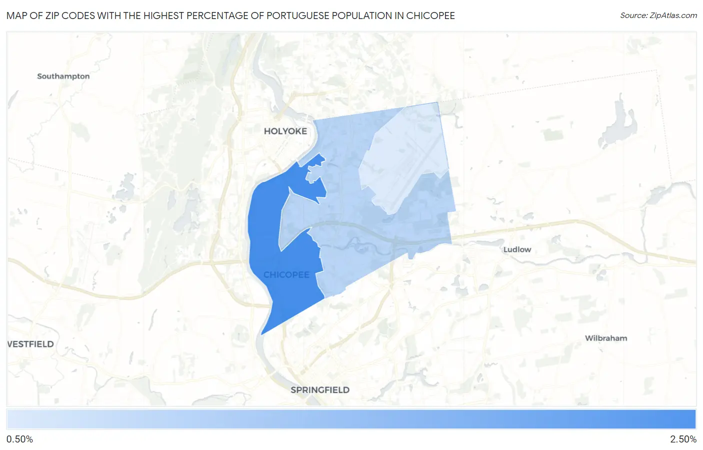 Zip Codes with the Highest Percentage of Portuguese Population in Chicopee Map